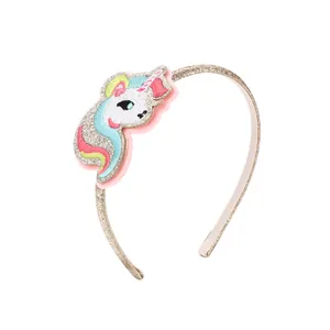Diadema dorada con purpurina para niñas con parche de unicornio bordado colorido