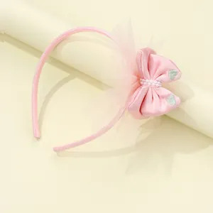 Cerchietto Rosa con Fiocco in Rete per Bambine Con Cuore Ricamato e Künstliche Perle Sintetiche Accessorio per Capelli Principessa per Feste