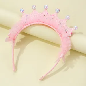 Kids Pink Artificial Pearl Crown Headband With Lace Sequins And Bow Sweet Princess Hair Band For Girls Party Birthday Gift