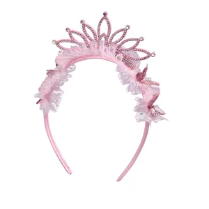 Rosa Prinzessin Haarreif für Mädchen mit Strass-Krone, Spitze und glitzernden Schmetterlingen
