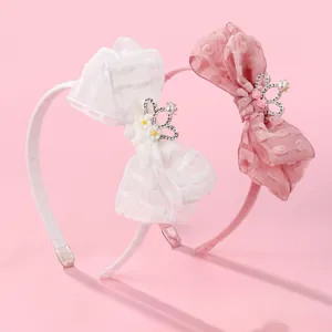 Sweet Organza Bow Headband With Rhinestone Crown And Faux Pearl Decorative Princess Hair Band For Girls Party Hair Accessories
