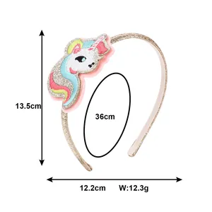 Diadema infantil de unicornio bordado en oro brillante con dimensiones de tamaño y peso