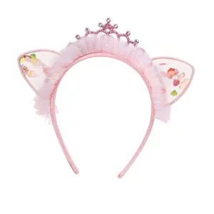 Cerchietto con orecchie di gatto rosa con corona e paillettes per bambina