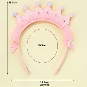 Pink pearl crown headband for girls with lace ruffles and glitter sequins decor