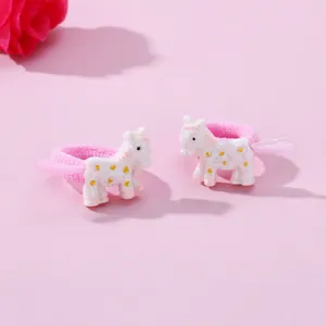 Set of 2 pink elastic hair ties for girls with glittery resin pony and fiber tail detail