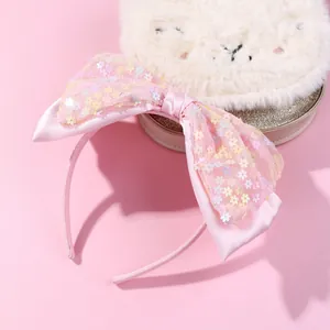 Pink sequin bow headband for girls with floral lace mesh and satin finish for daily wear