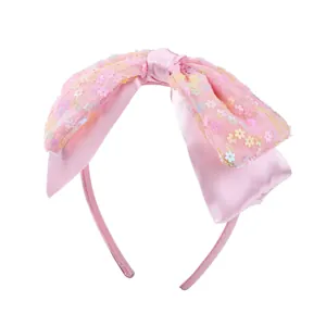 Pink bow headband for girls featuring colorful flower sequins and satin mesh fabric
