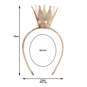 Sparkling champagne gold glitter crown headband for girls with product size measurements
