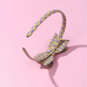 Cute yellow and purple gingham fabric headband with bow for women and girls