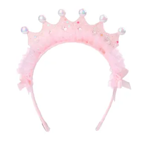 Pink crown headband for kids with pearls, sequins and lace trim for a sweet look