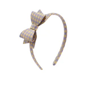 Preppy yellow and purple gingham fabric headband with bow for girls and women