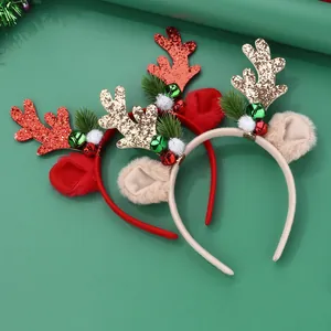 Christmas Reindeer Antler Headband With Bells Glitter Fur Ball Pine Needle Festive Party Hair Accessory For Kids
