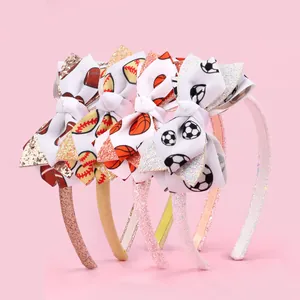 Serre-Tête avec Nœud à Paillettes pour Enfants Thème Sport Motif Football Baseball Basket Tissu à Paillettes Accessoires