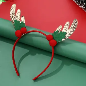 Christmas Reindeer Antler Headband Festive Red Green Gold Hair Accessory With Sequins And Plush Balls For Kids Women Party