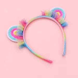 Serre-tête arc-en-ciel pour enfant avec oreilles en tulle pailleté et dents antidérapantes