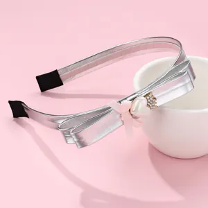 Silver PU leather headband with triple bow, heart pearl, and crown pendant for girls