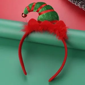 Christmas Elf Hat Headband Red Green Striped Mini Fairy Hat Hair Hoop With Bell Feather Festive Holiday Party Headwear Decor