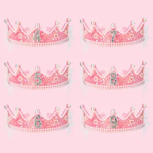 Barrettes couronne d'anniversaire rose avec perles et chiffres de 4 à 9 pour filles