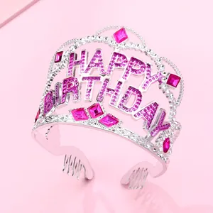 Kids Happy Birthday Crown Headband Rhinestone Princess Tiara For Girls Party Hair Accessories Pink Silver Alloy Crown