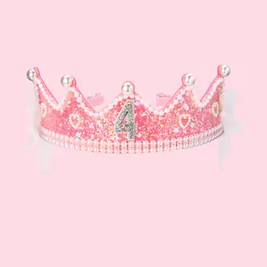 Couronne d'anniversaire rose à paillettes pour enfant de 4 ans avec perles et dentelle