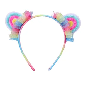 Serre-tête oreilles de chat arc-en-ciel pour filles avec tulle pailleté et peluche