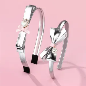 Silver Metallic PU Leather Bow Hairband With Faux Pearl Crown Heart Decor Sweet Non-Slip Headband For Girls Women Party Daily Hair Accessories