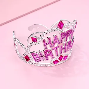 Detail of silver Happy Birthday tiara with pink crystals and built-in hair combs