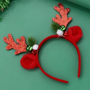 Detailed view of Christmas reindeer headband with glitter antlers and festive jingle bells