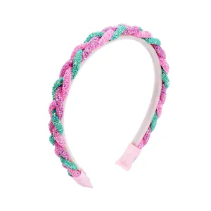 Sparkly handmade braided sequin headband in pink and teal for girls with non-slip design
