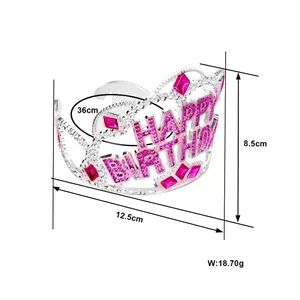 Silver Happy Birthday crown headband with pink rhinestones and dimensions shown