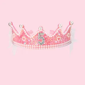 Serre-tête couronne rose à paillettes avec chiffre 5 et perles pour 5ème anniversaire