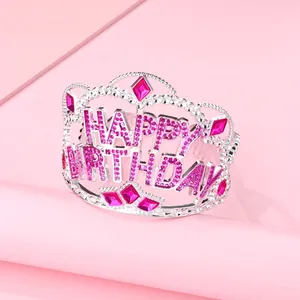 Silver Happy Birthday crown headband with pink crystals and rhinestones for party kids