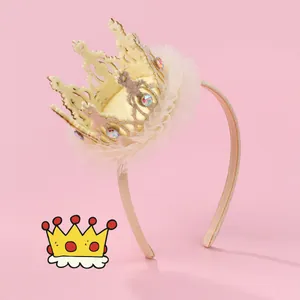 Serre-Tête Couronne En Dentelle Princesse Douce Pour Enfants Avec Maille Pailletée Dorée Et Strass Accessoires Cheveux Fête Anniversaire