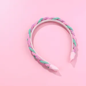Braided glitter headband for girls with non-slip teeth in pink and green sequin style