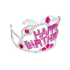 Sparkly silver Happy Birthday crown with pink rhinestones and glitters for girls