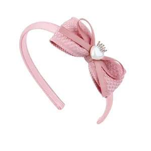 Serre-tête rose doux pour filles avec nœud papillon, breloque cœur et couronne dorée