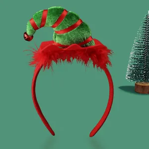 Christmas elf hat headband with green velvet, red bell and feathers for holiday parties