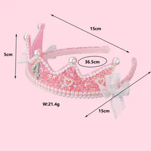 Serre-tête couronne rose pailletée avec chiffre 4, perles et nœud pour enfant