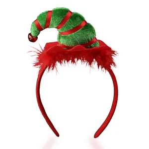 Christmas elf hat headband with red and green velvet details and a small metal bell
