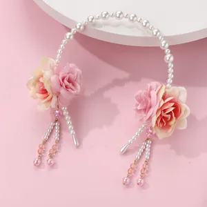 Vintage Faux Pearl Flower Tassel Headband For Women Fairy Pink Rose Fabric Floral Hair Band Hanfu Costume Hair Accessory