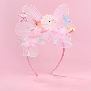 Pink lace shell headband with glitter bow and starfish for girl princess performance