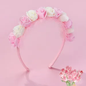 Sweet Kids Rose Flower Headband Pink White Fabric Floral Hair Band With Mesh Lace Edge For Girls Princess Party Performance