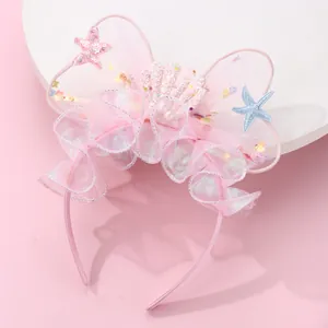 Pink mermaid lace bow headband with glitter shells and stars for girls princess party