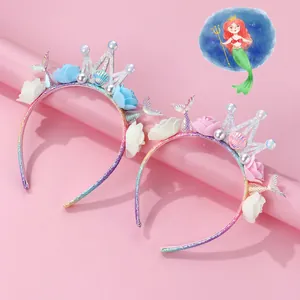 Mermaid Tail Princess Crown Flower Headband For Kids Girls Glitter Shell Pearl Hair Accessories For Birthday Party Costume
