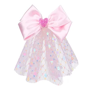Barrette à cheveux rose en satin pour filles avec cœur pailleté et tulle de sequins