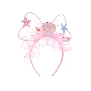 Pink mermaid headband with lace bow shell and sequin starfish for girls parties