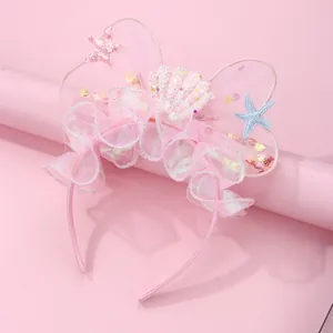 Dreamy Mermaid Mesh Bow Headband For Girls Pink Sequins Starfish Shell Princess Performance Hair Accessories Non-Slip Hair Hoop