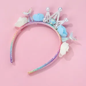 Glittering mermaid crown headband for girls with rainbow fishtail and floral accents