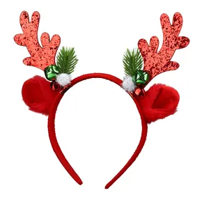 Christmas reindeer antler headband with sequins, bells and fur balls for holiday party