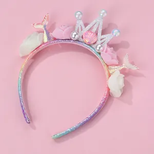 Glittery mermaid crown headband with colorful shells and flowers for girls' party
